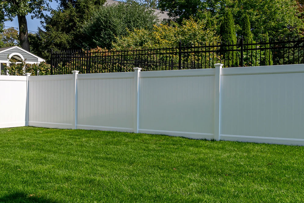 A white fence surrounds a grassy backyard, contrasting with a black fence in the background.