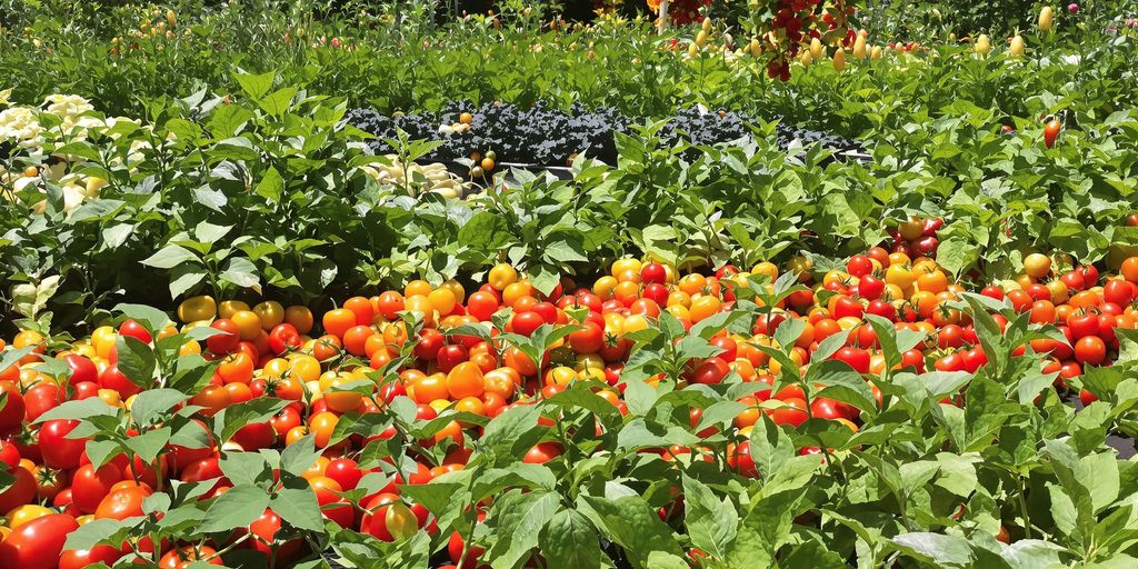 A vibrant vegetable garden filled with an assortment of plants, featuring greens, herbs, and various vegetables in abundance.